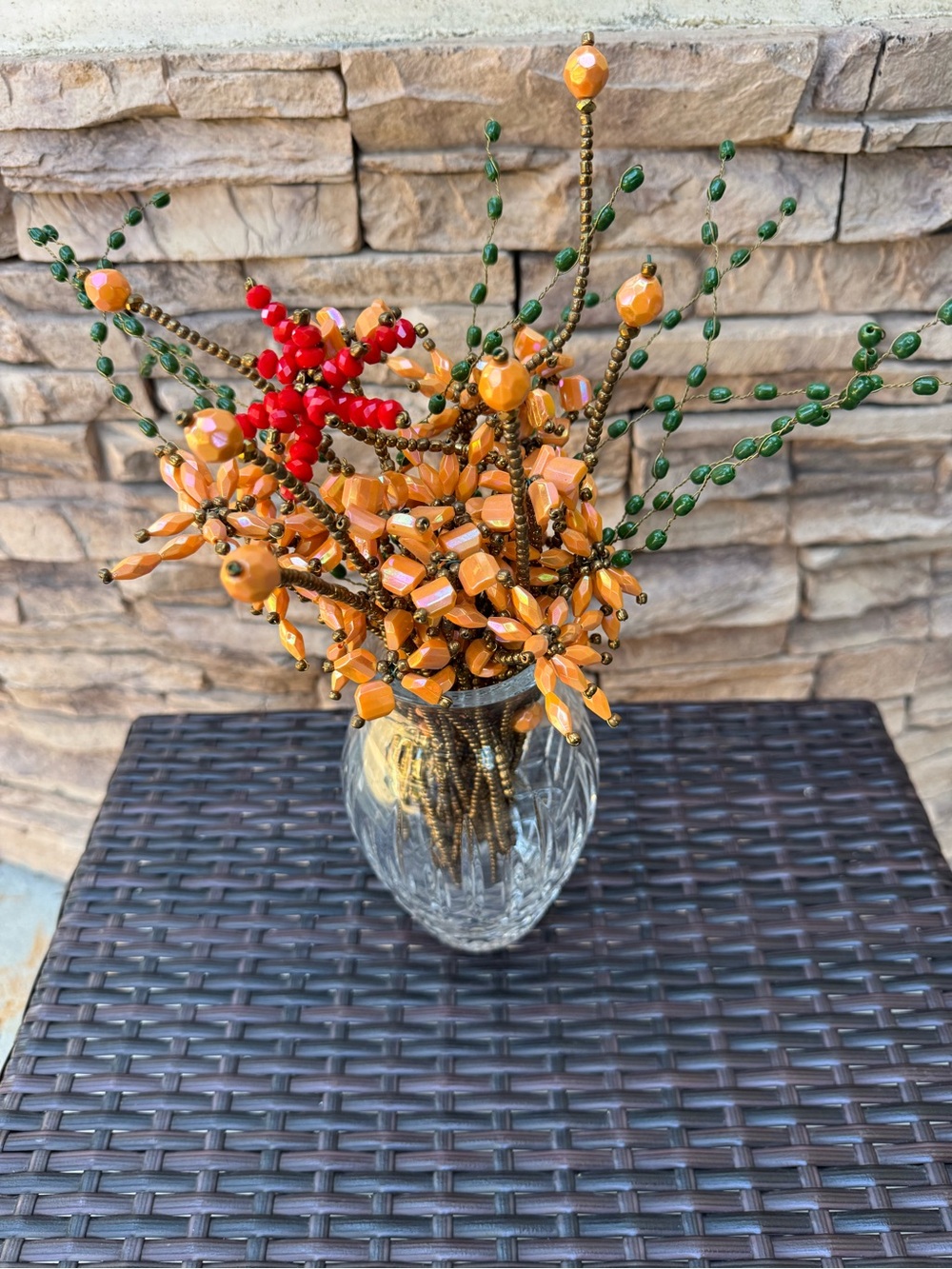 Beaded Floral Arrangement in Orange, Green & Crystal Red